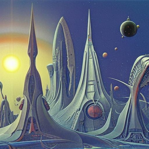 Alien Cityscape with Spaceships in Visionary Art Style