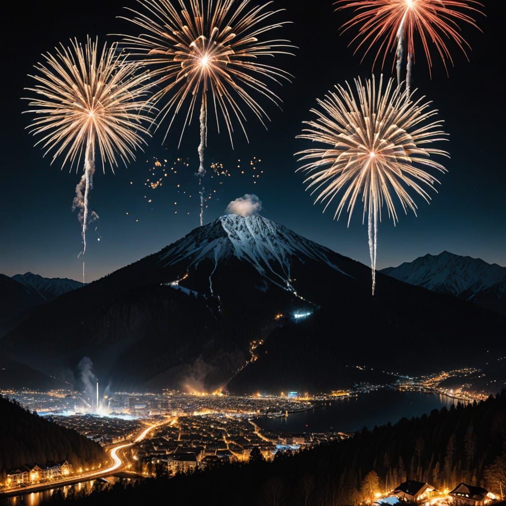 Celestial Fireworks Illuminate Snowy Mountain Peak