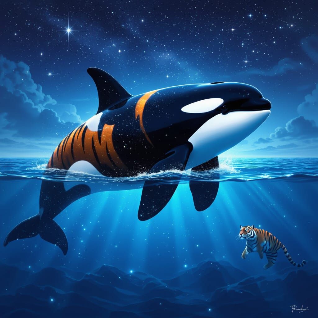 Orca Tiger Hybrid Swims in Bioluminescent Dreamscape