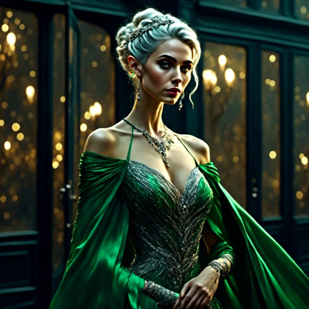 Elegant Elf in Green Gown, Oil Painting
