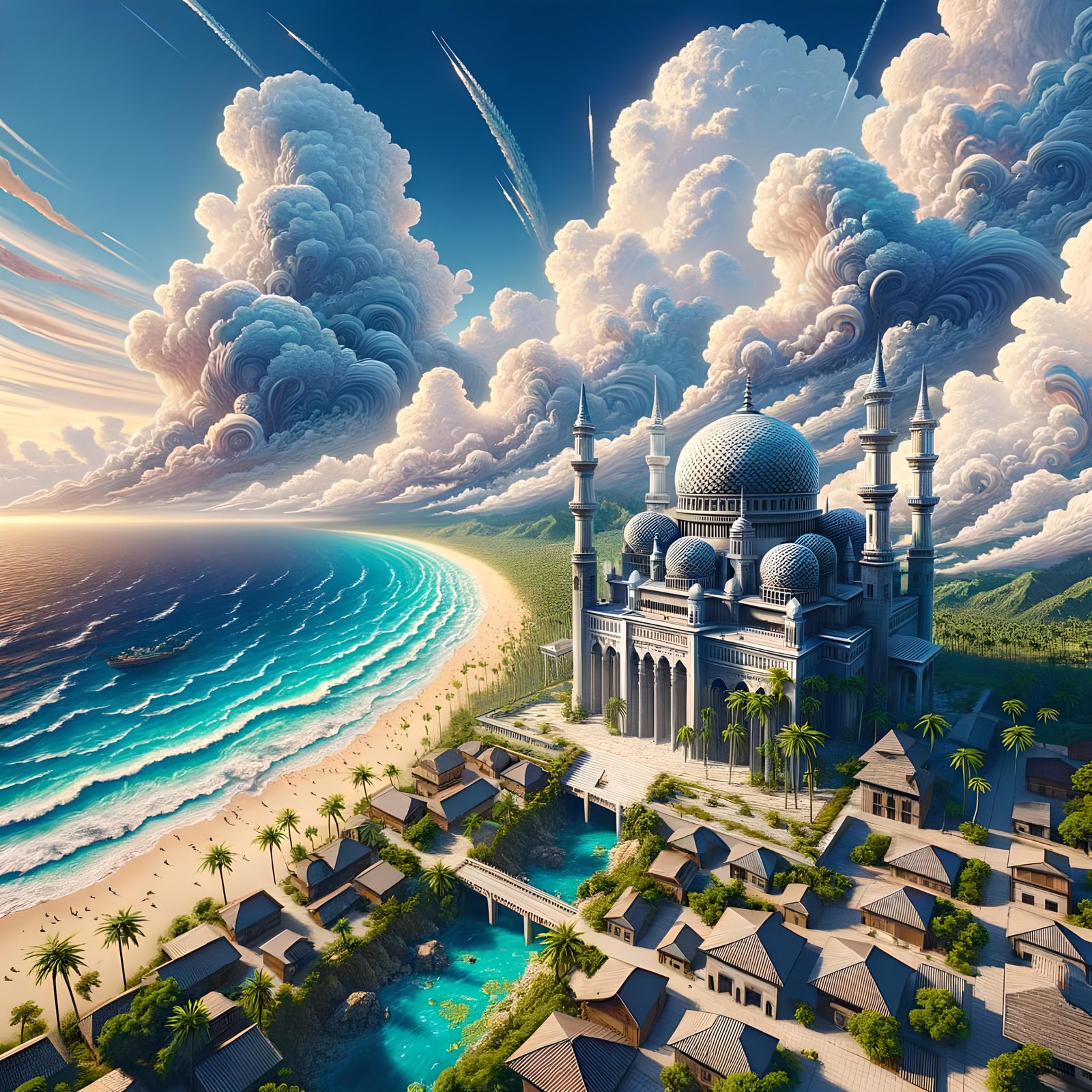 Anime-Style Mosque Overlooking Ocean and Beach