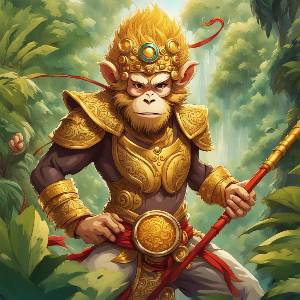 Sun Wukong in Jungle, Hyperdetailed Fantasy Illustration