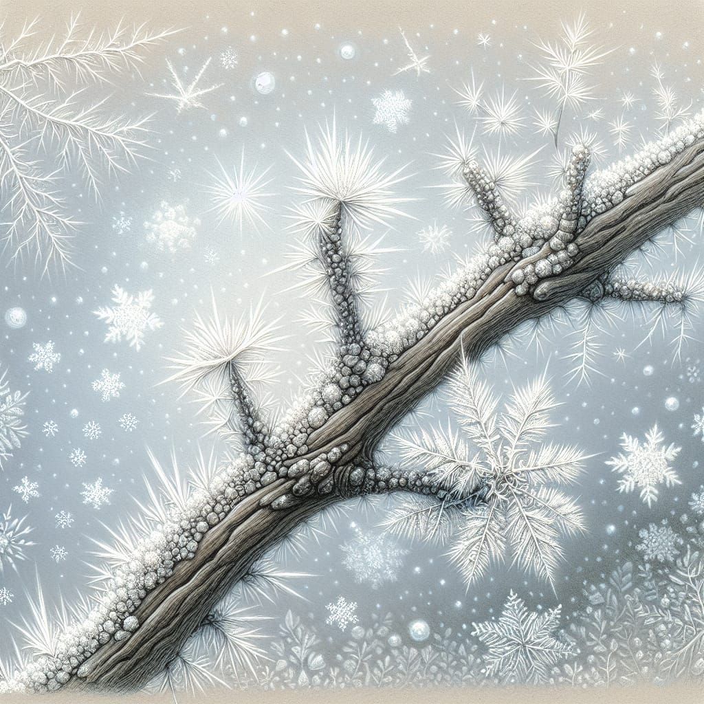 Delicate Frost Crystals on Wooden Branch