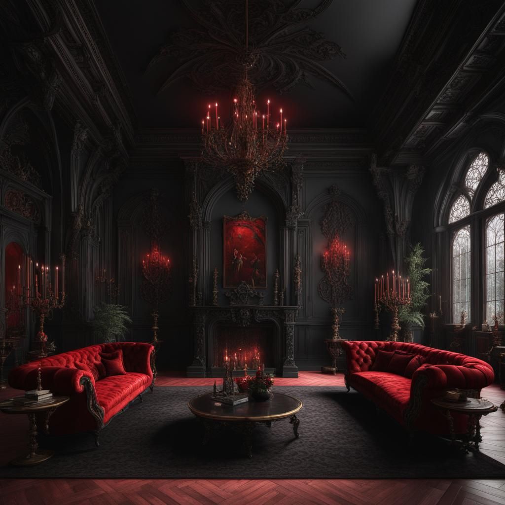 Elegant ethereal gothic living room with red walls and Red f...