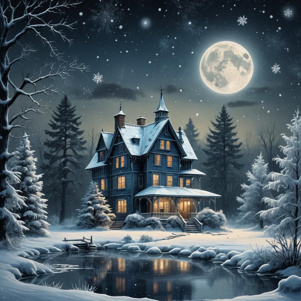 Winter Country House on Frozen Pond in Digital Art