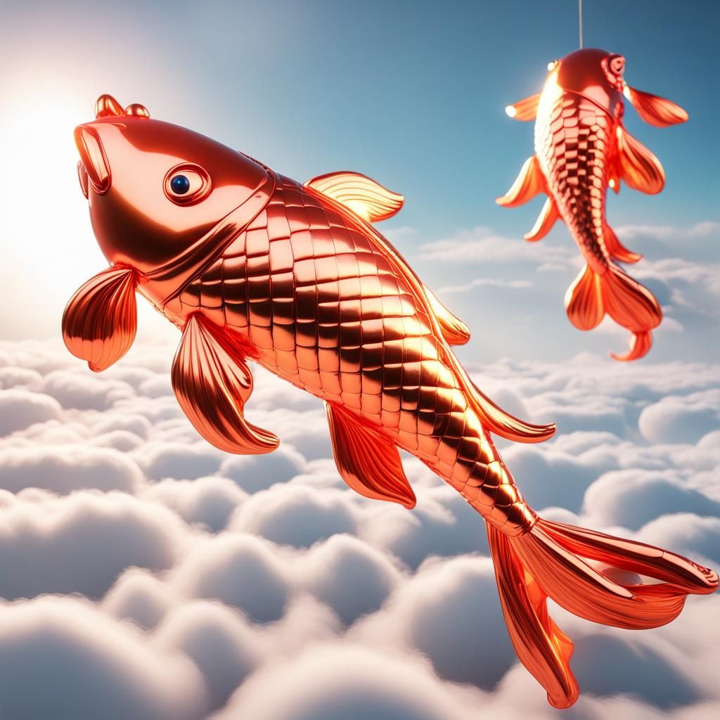 Shiny foil balloons in the shape of Koi fish soar above the clouds. Balloon ribbons attached, sunbeams reflecting light....