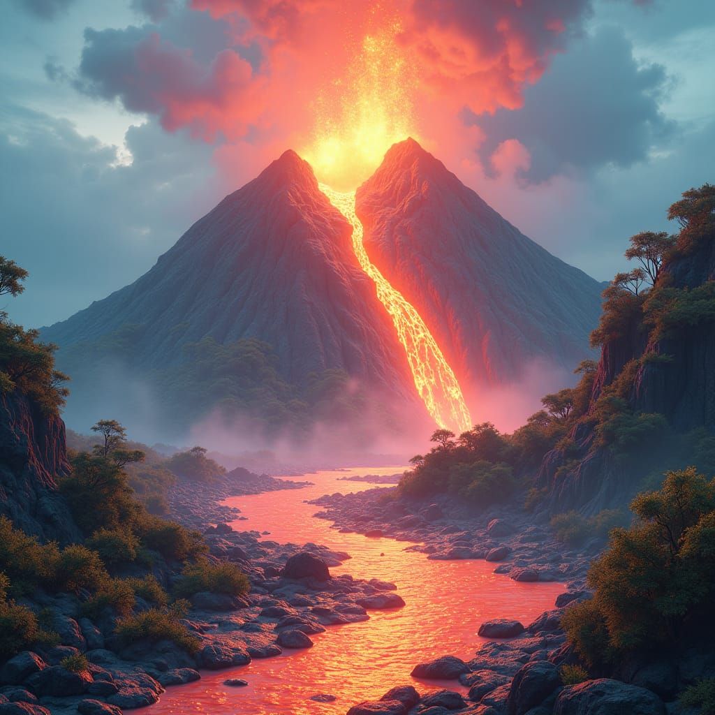 Bubble Tea Volcano Eruption in Dreamlike Landscape