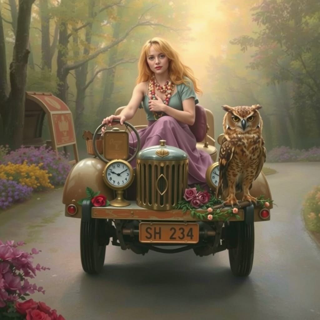 Golden-Haired Woman Driving With Owl in Kinkade Style