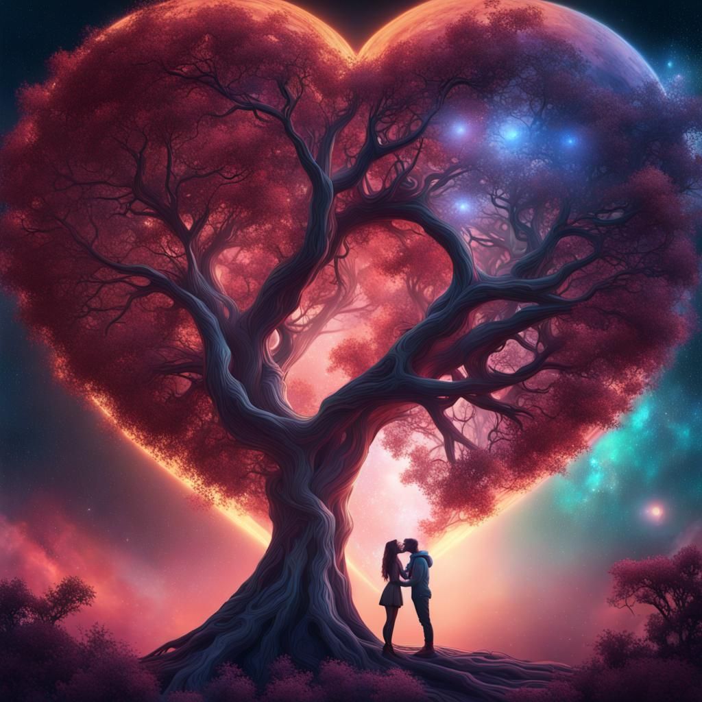 Lovers Embrace in Cosmic Heart Tree, Astral Illustration