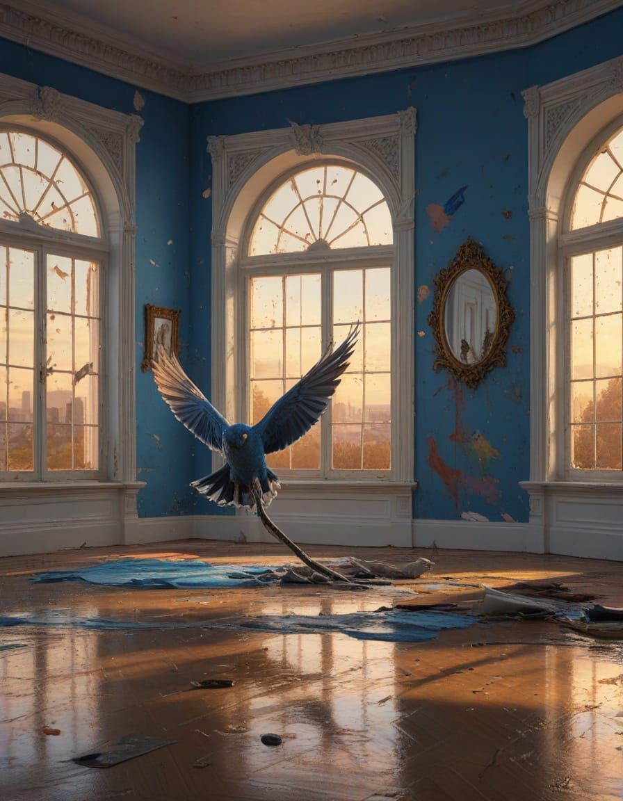Hyperrealistic Bluebird Flies Into Sunlit Hall With Blue Cat