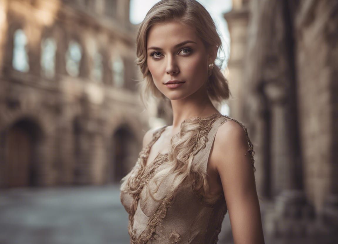 Elegant Woman in Latex Dress with Castle Backdrop