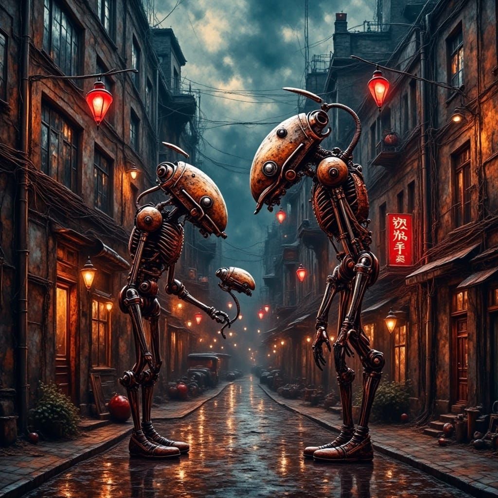 Rusty, decrepit robots with exposed wiring and metallic limbs, set against a dark, but colorful, gritty urban city scene