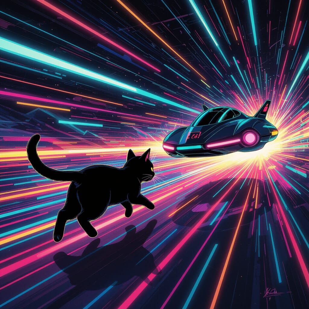Cyberpunk Cat Races Through Neon Landscape