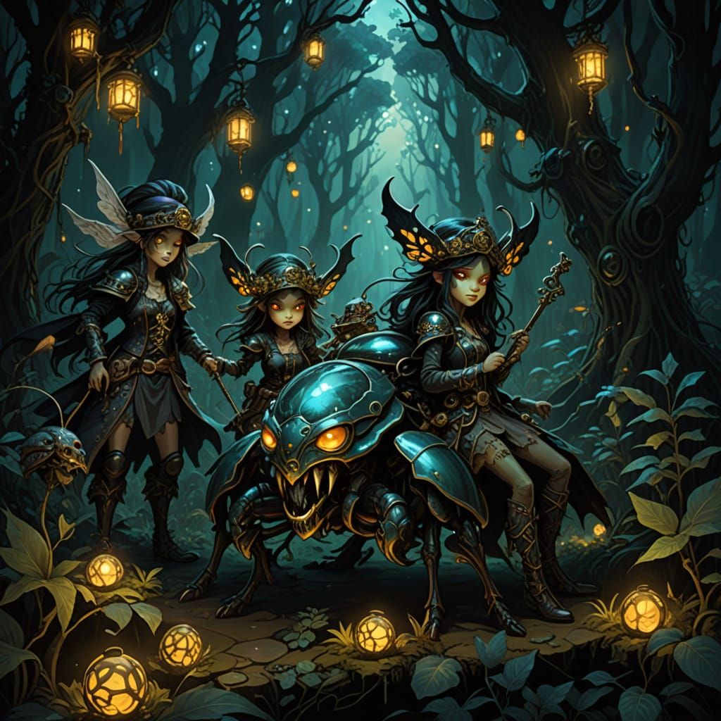 Pirate Fairies Ride Iridescent Beetle Through Bioluminescent...