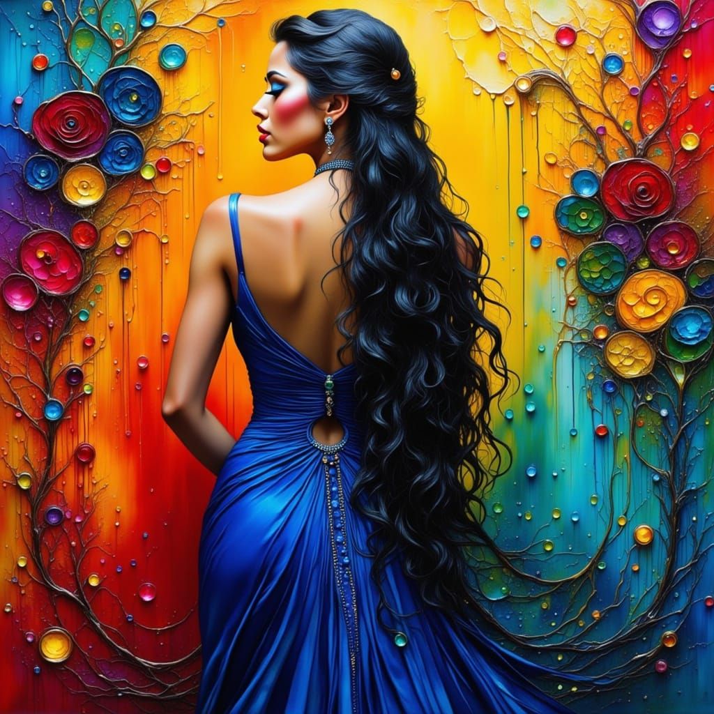 Latina Model in Blue Gown with Colorful Splash