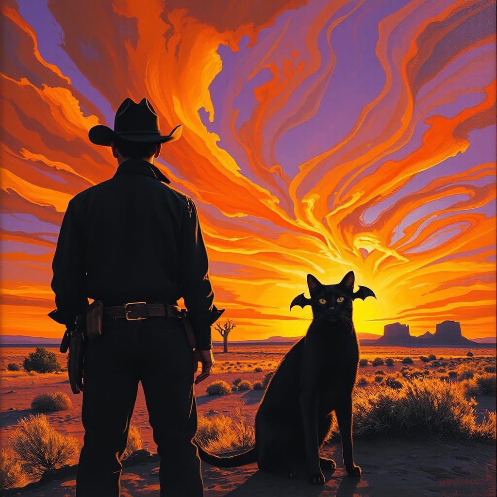 Cowboy and Cat with Bat Wings at Sunset