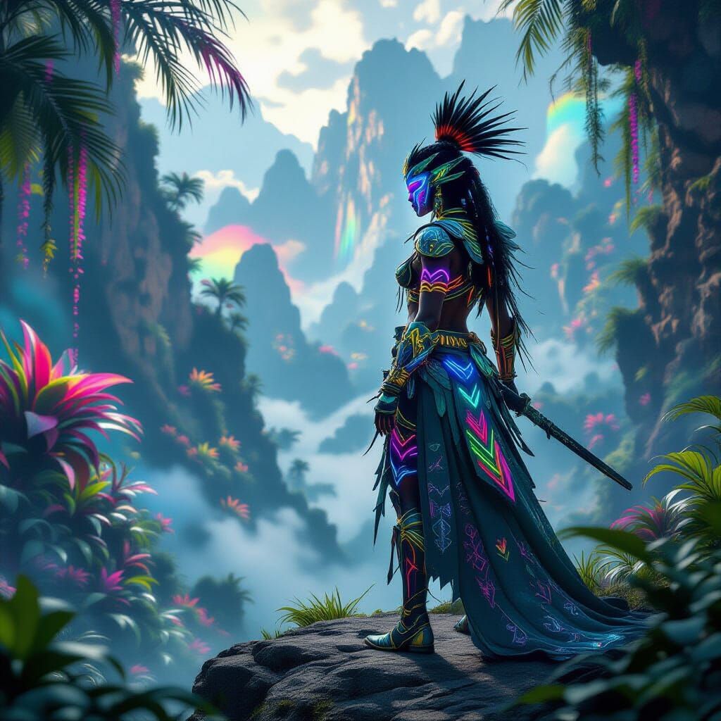 Bioluminescent Warrior in Alien Jungle