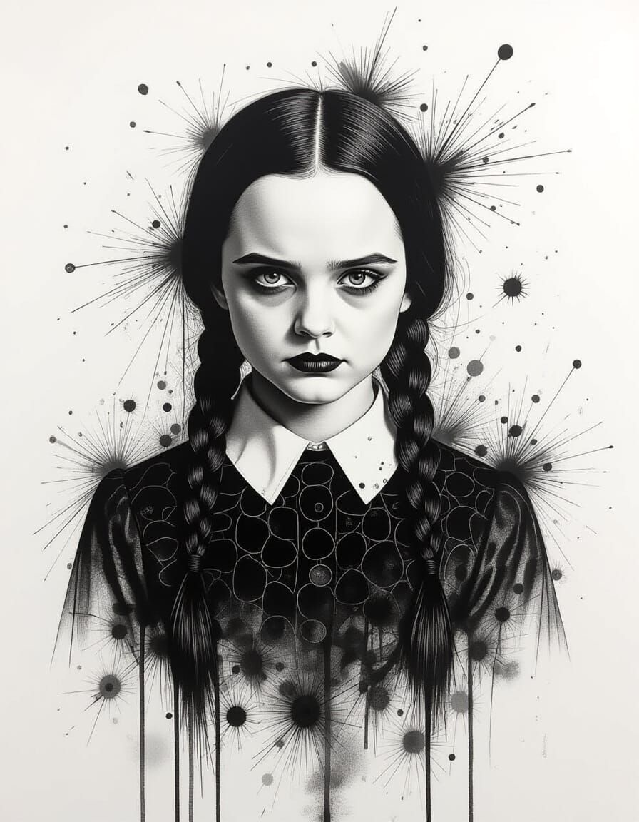 Wednesday Addams Portrait in Jackson Pollock Style