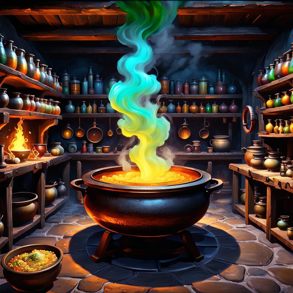 Medieval Alchemist's Lab with Bubbling Cauldrons