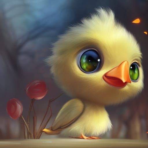 Adorable Chibi Chicken in Forest: Digital Illustration