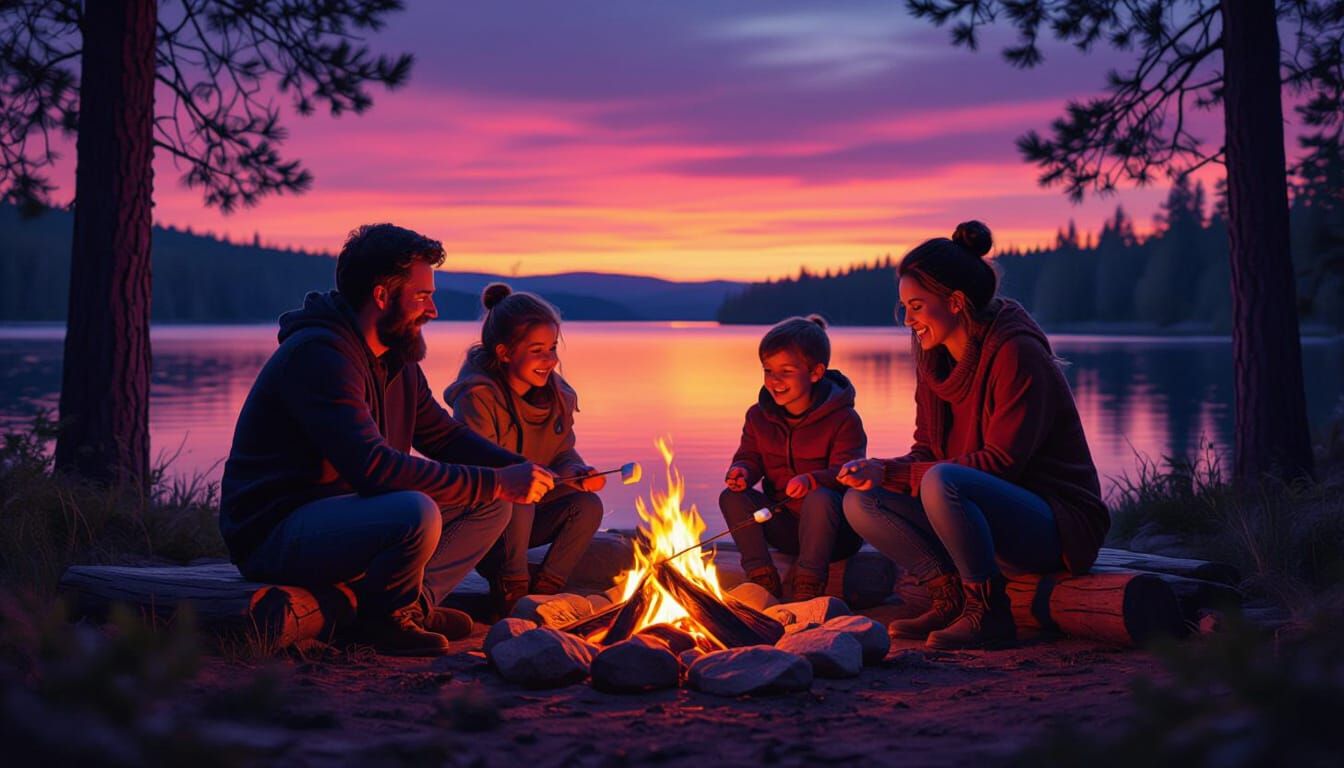 Family Roasting Marshmallows by Twilight Lake