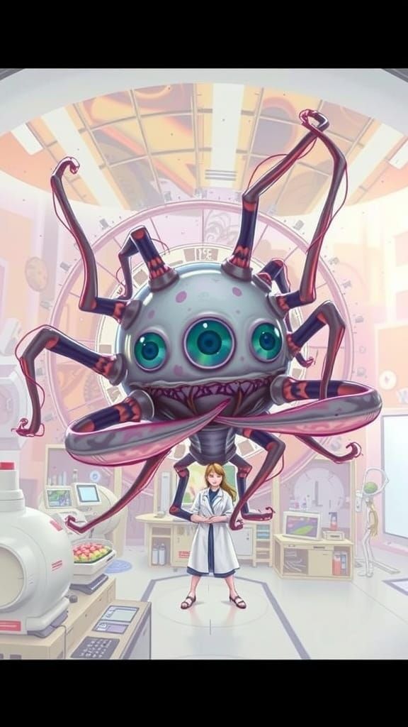 Alien Creature with Red Tentacles Watches Woman in Futuristi...