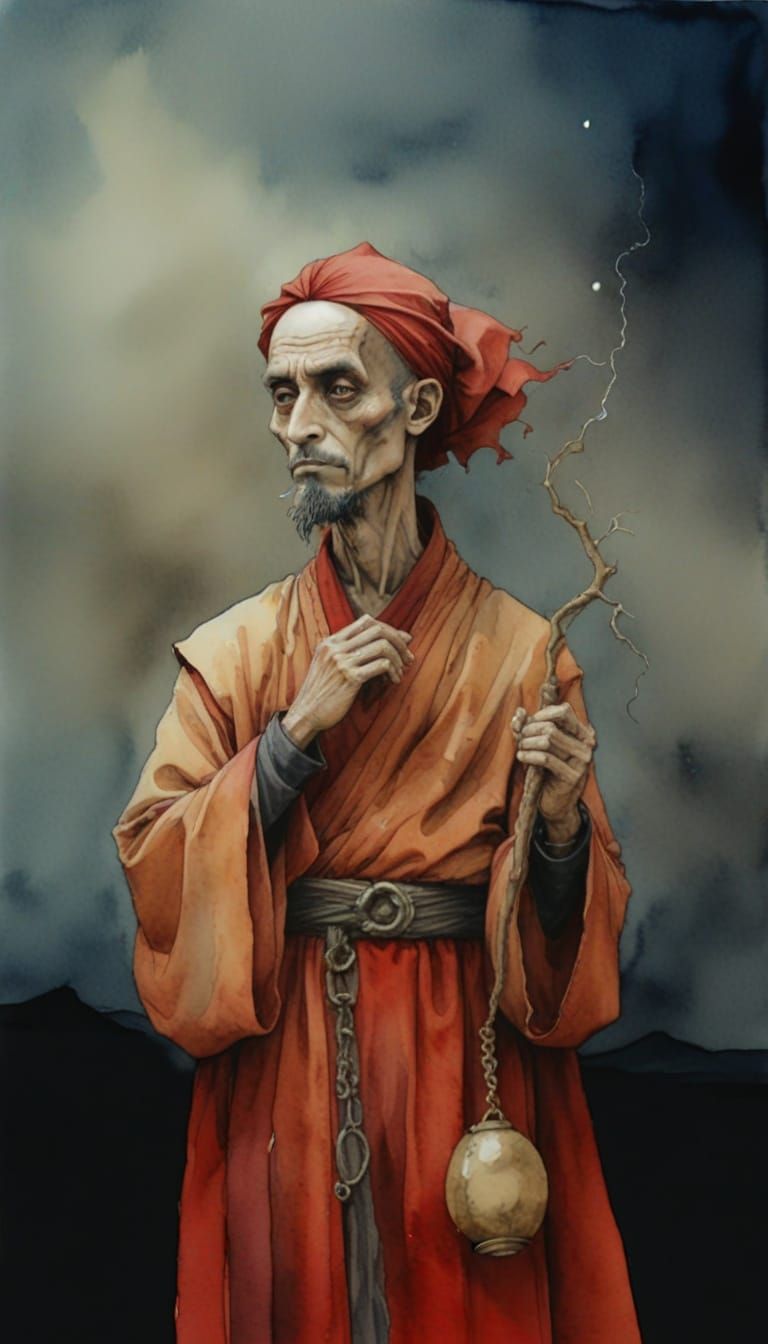 Red Monk in Desert: Alcohol Ink and Watercolor