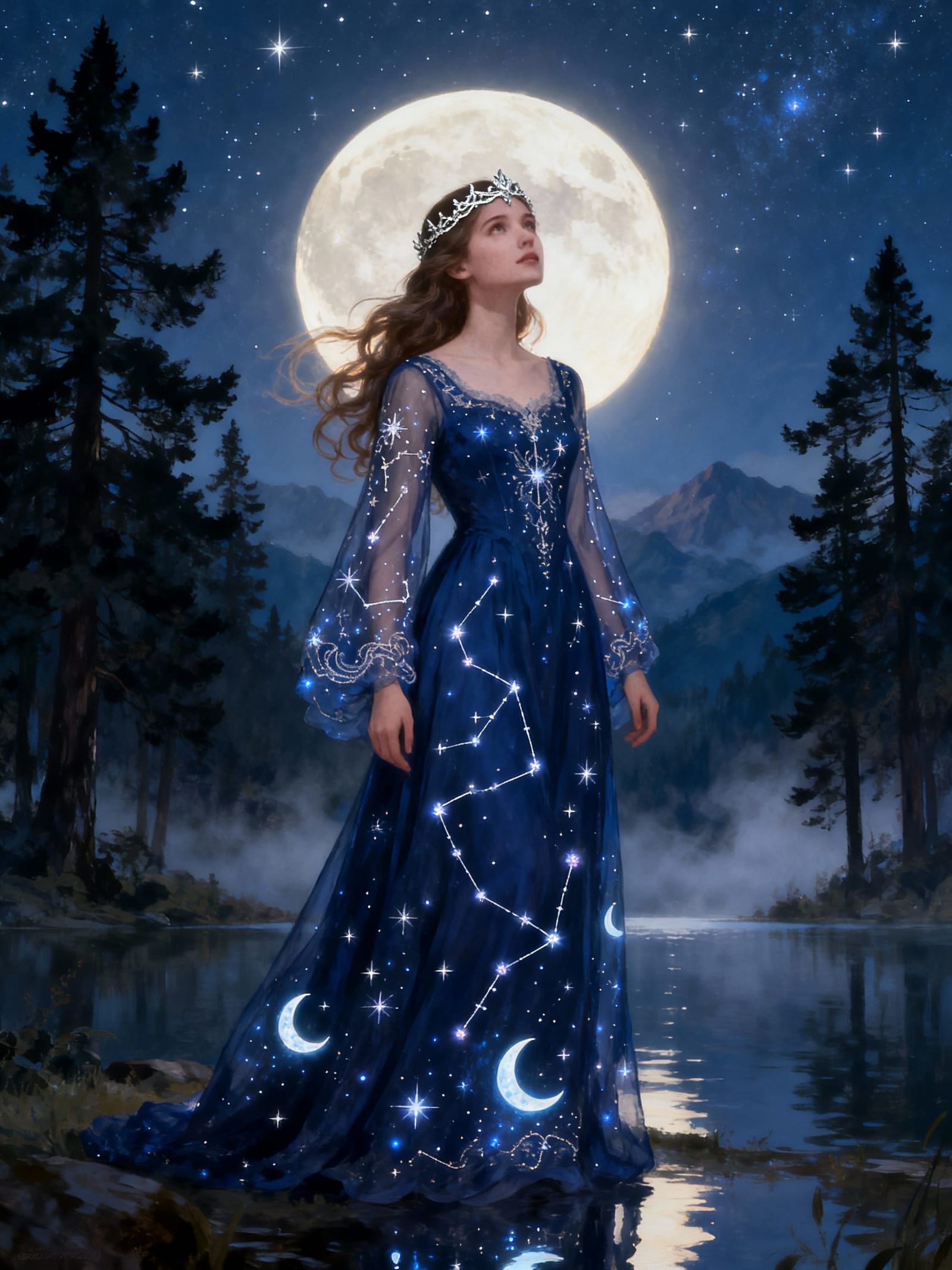 Ethereal Maiden in Moonlit Fantasy Landscape