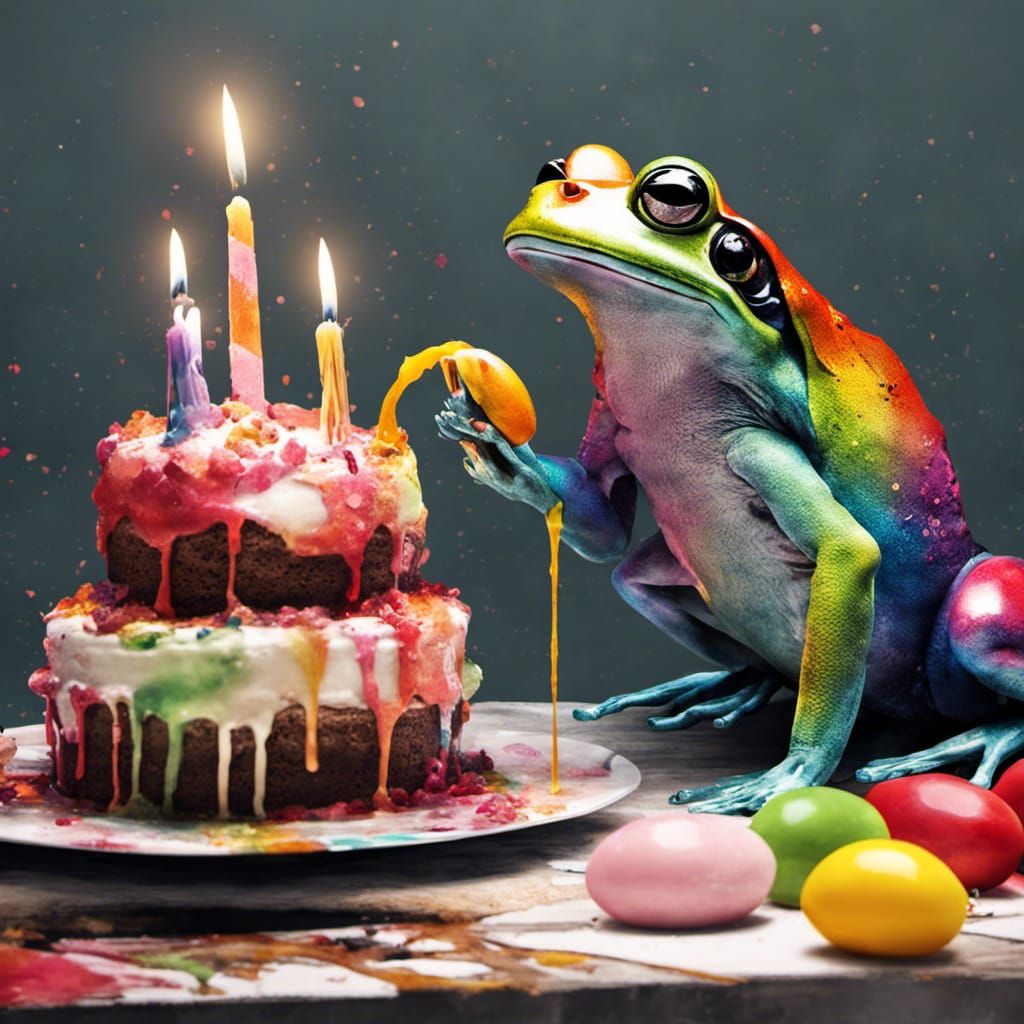 Rainbow Frog Eating Birthday Cake