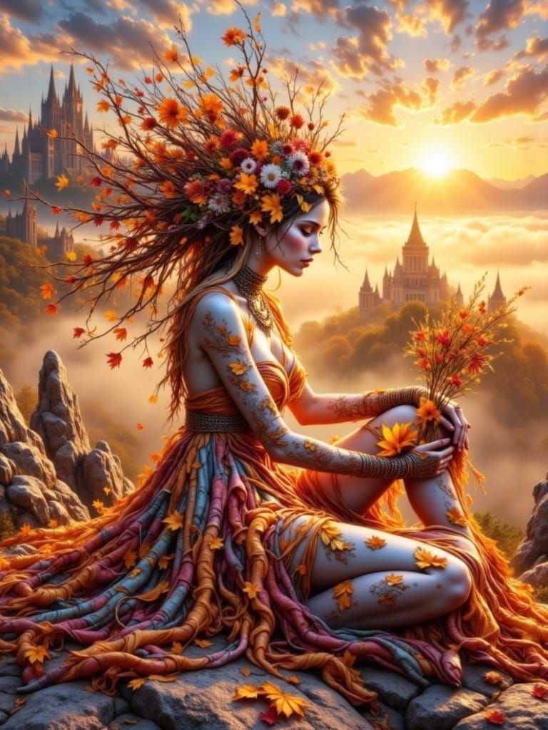 Autumn Lady of Stone and Leaves with Sunset Sky
