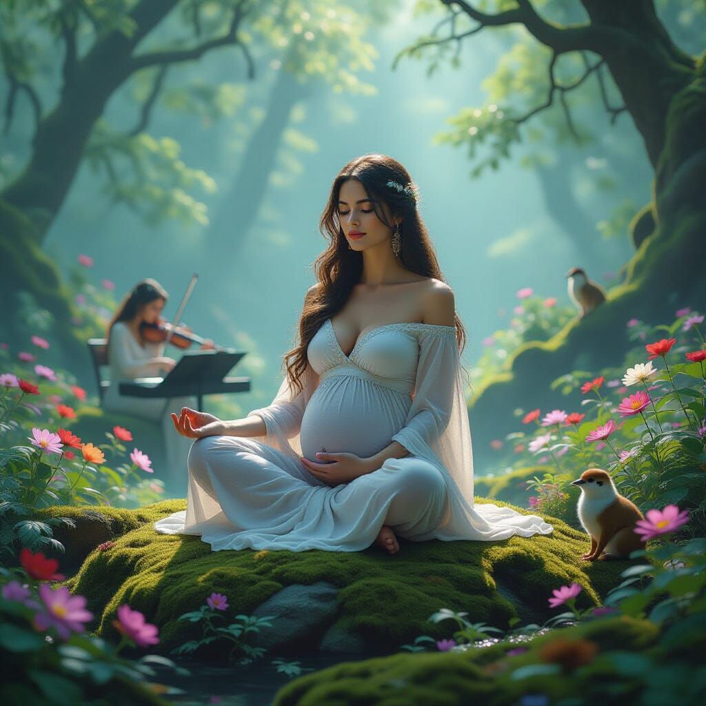 Pregnant Woman Meditating in Mystical Forest