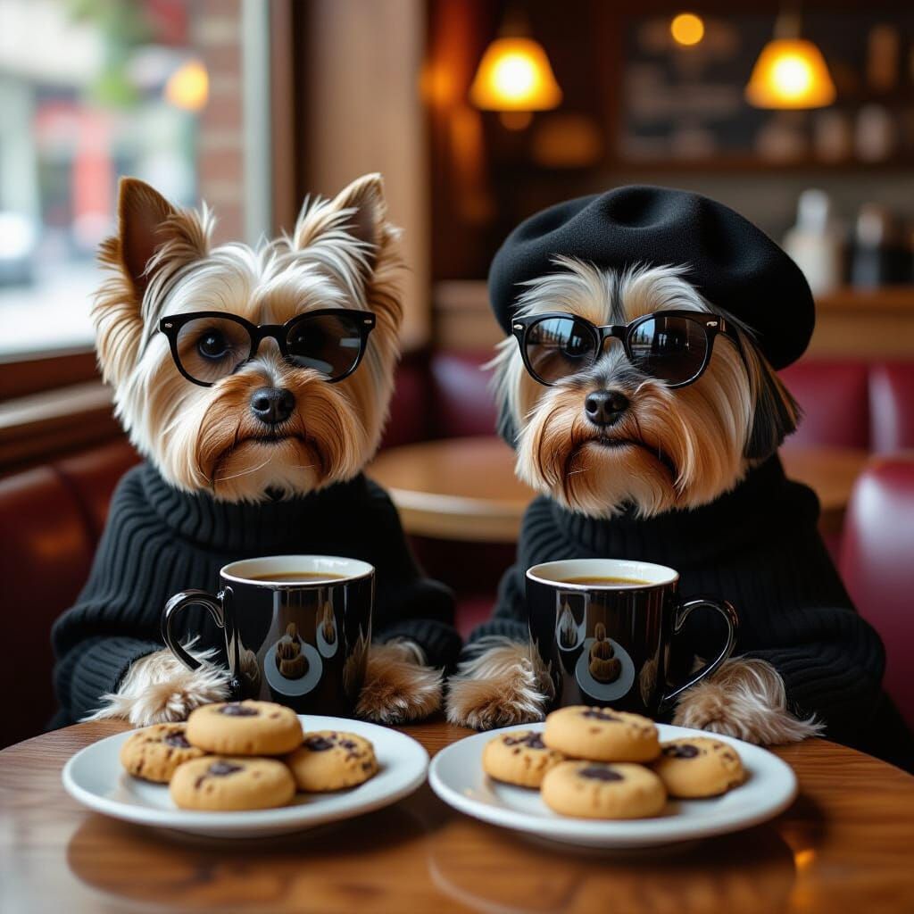 Yorkie and Cat Enjoying Coffee in Cafe