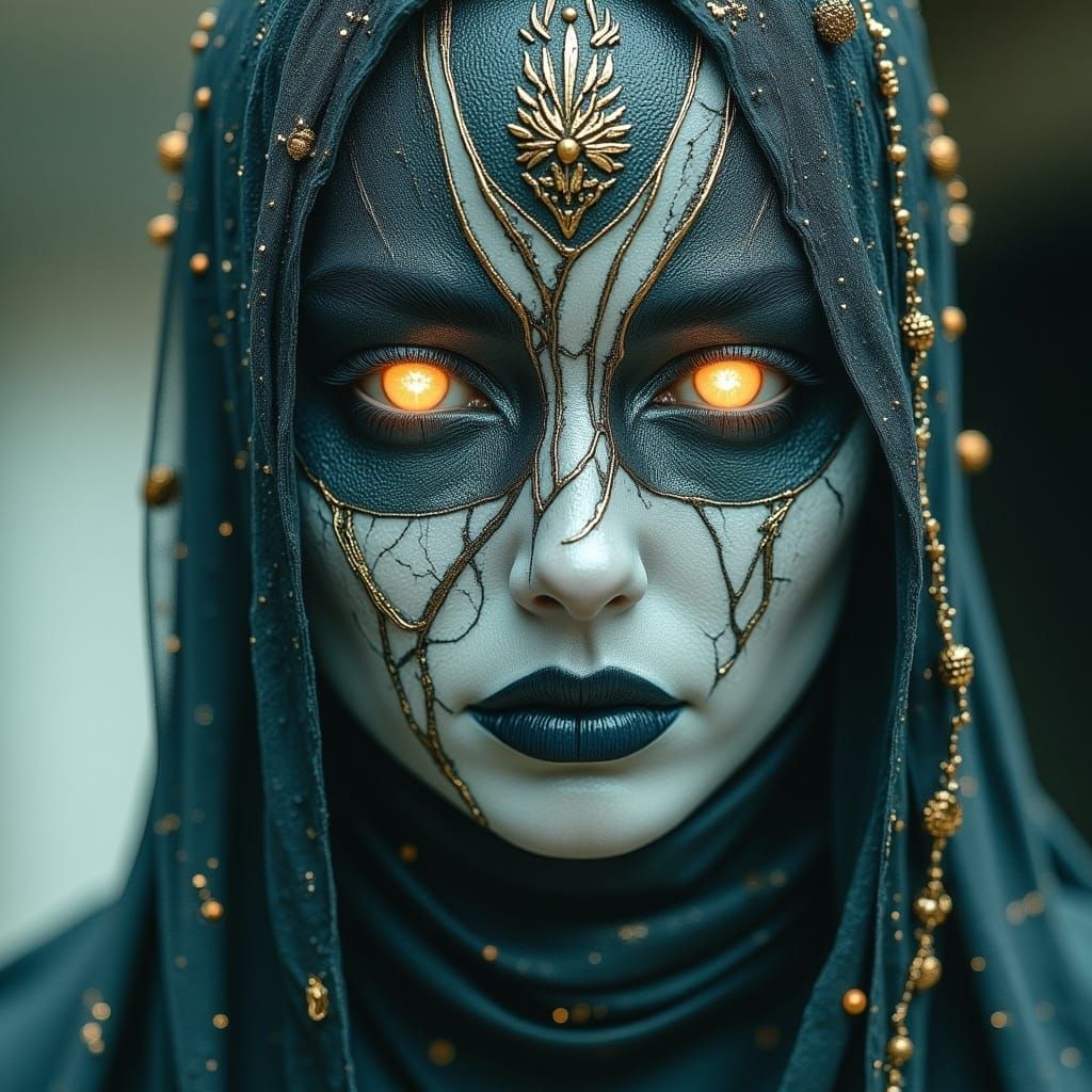 Ethereal Portrait with Cracked Porcelain Skin and Glowing Ey...
