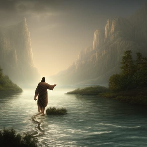 Jesus Christ Walking on River in Matte Painting