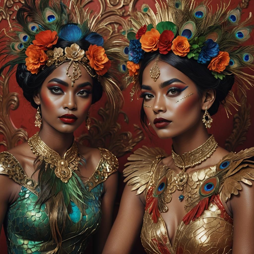 Renaissance Women with Peacock Feathers, Digital Painting