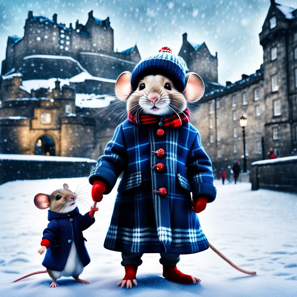 Charming Mice Family in Snowy Edinburgh, Digital Art