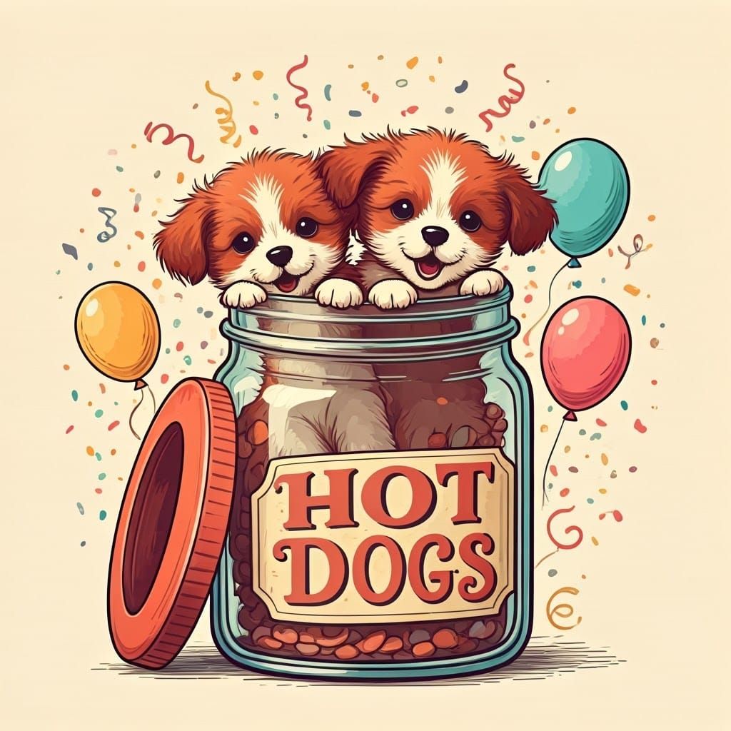 Puppies Bursting from a Giant Hot Dogs Jar