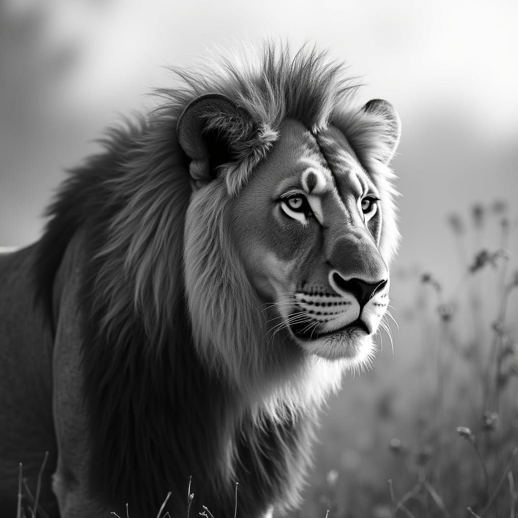 Photorealistic Grayscale Lion Portrait with Windswept Mane