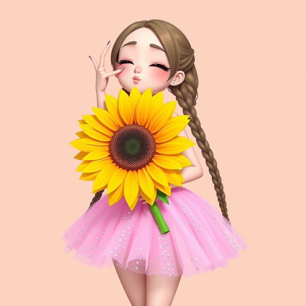 Chibi Anime Woman Blows Kiss with Long Braids and Sunflower