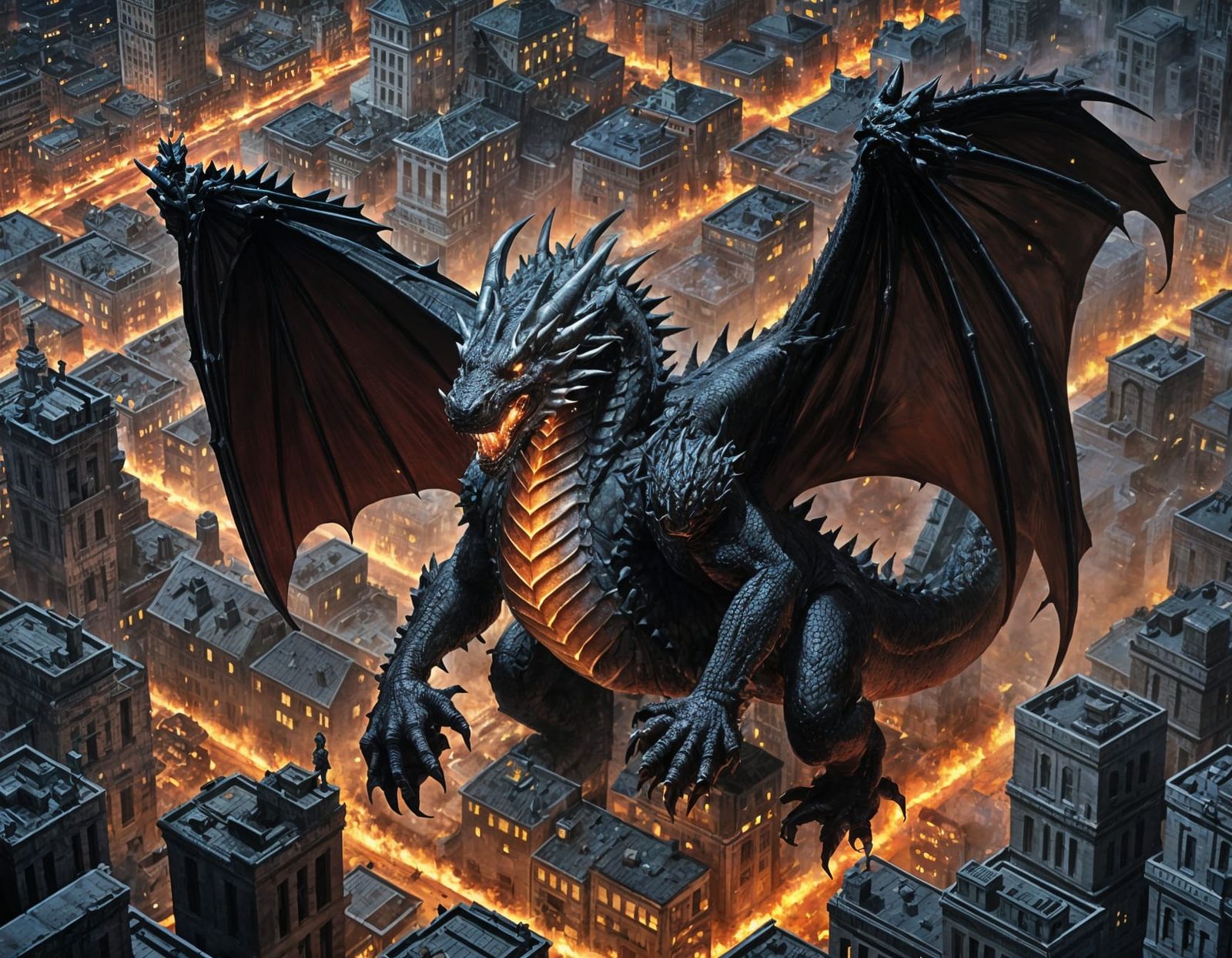 Black Dragon Scorches City in Pixel Art