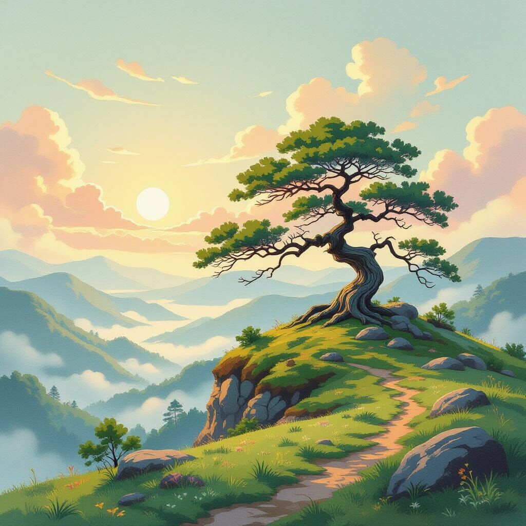 Ancient Tree on Mossy Hill Overlooking Misty Valley