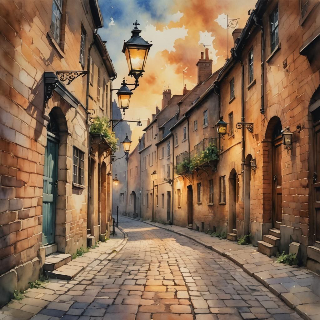 Medieval Alley in Watercolor with Vintage Streetlight
