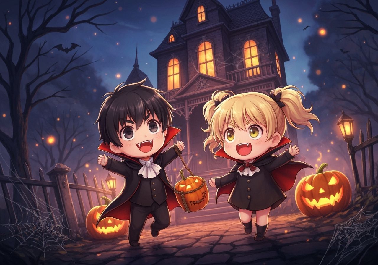 Chibi Vampires Trick-or-Treating at Haunted House