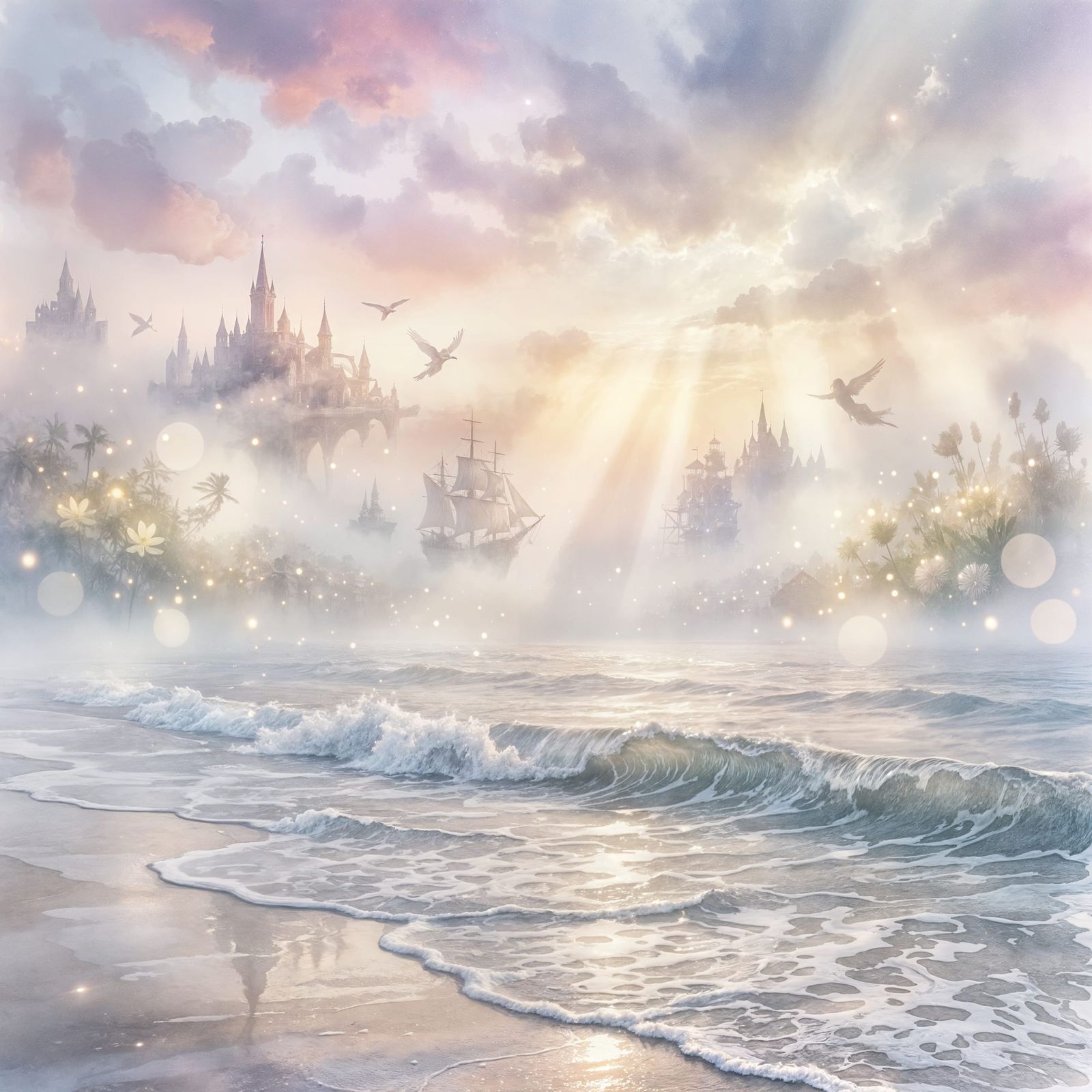 Ethereal Twilight Seashore with Floating City Mirages
