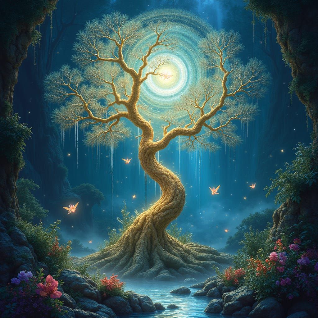 Ethereal Crystal Tree in Celestial Vortex