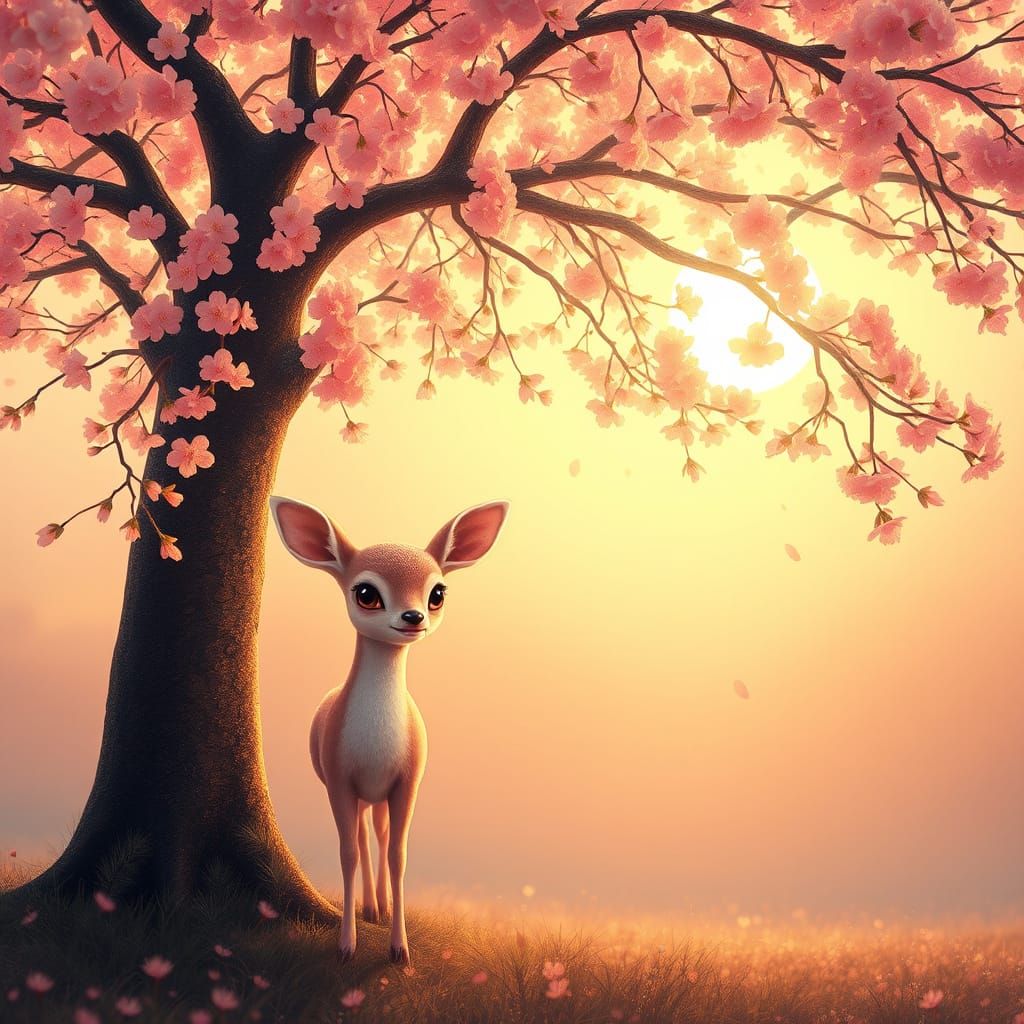 Gentle Deer Basks in Cherry Blossom Serenity