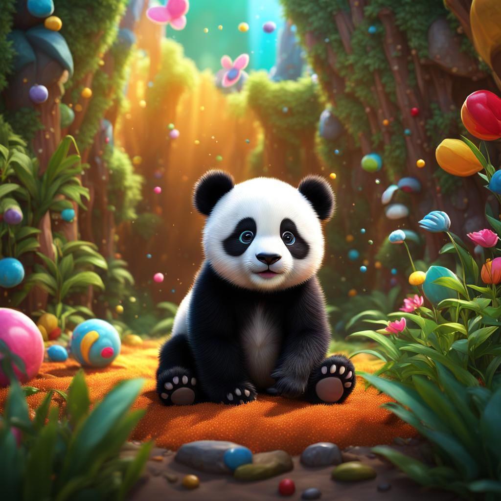 Cute Fuzzy Panda in Playpen: Digital Art