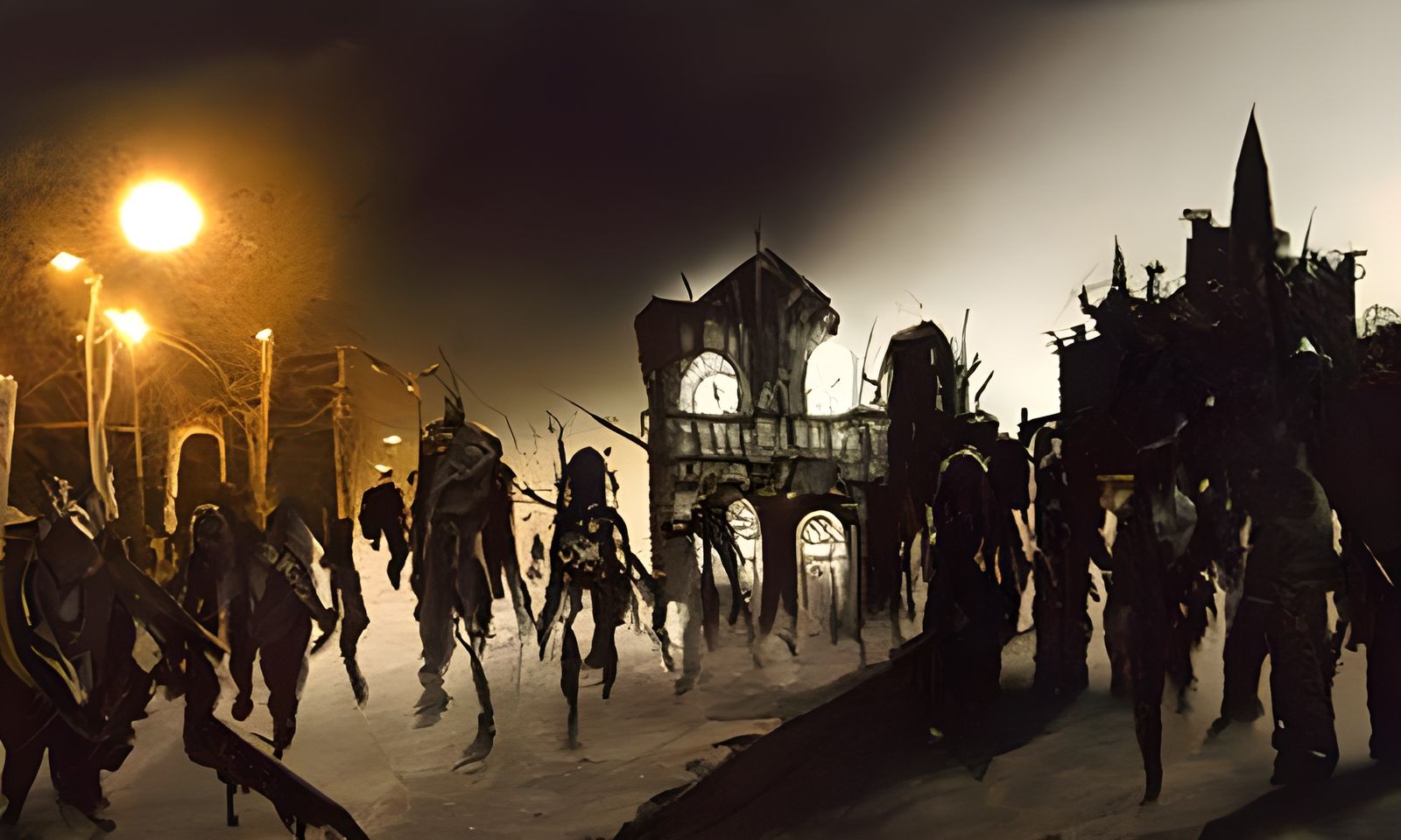 Hordes of undead wander an abandoned city at night