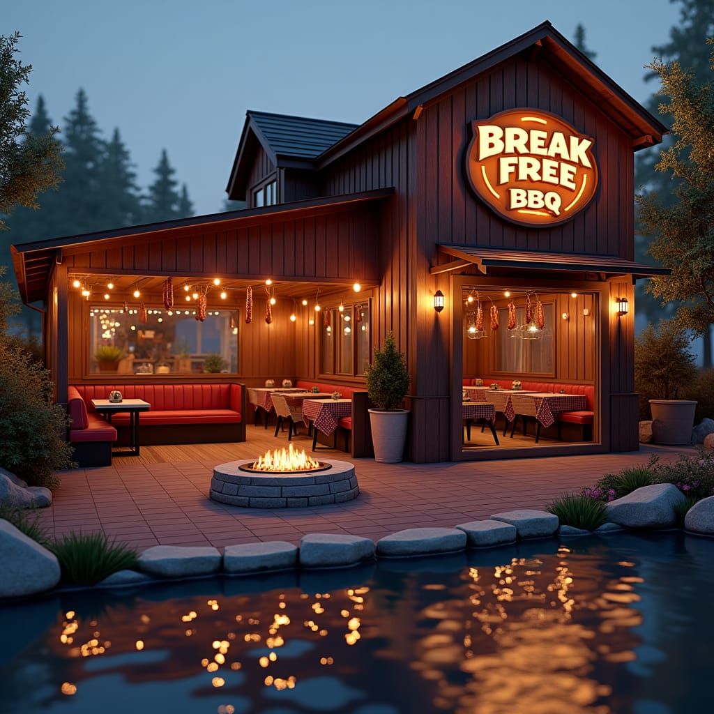 Rustic BBQ Eatery at Dusk in Digital Art Style