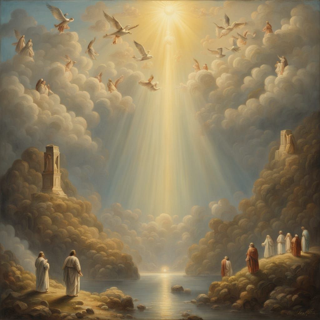 Biblical Figures as Vessels in Ethereal Clouds